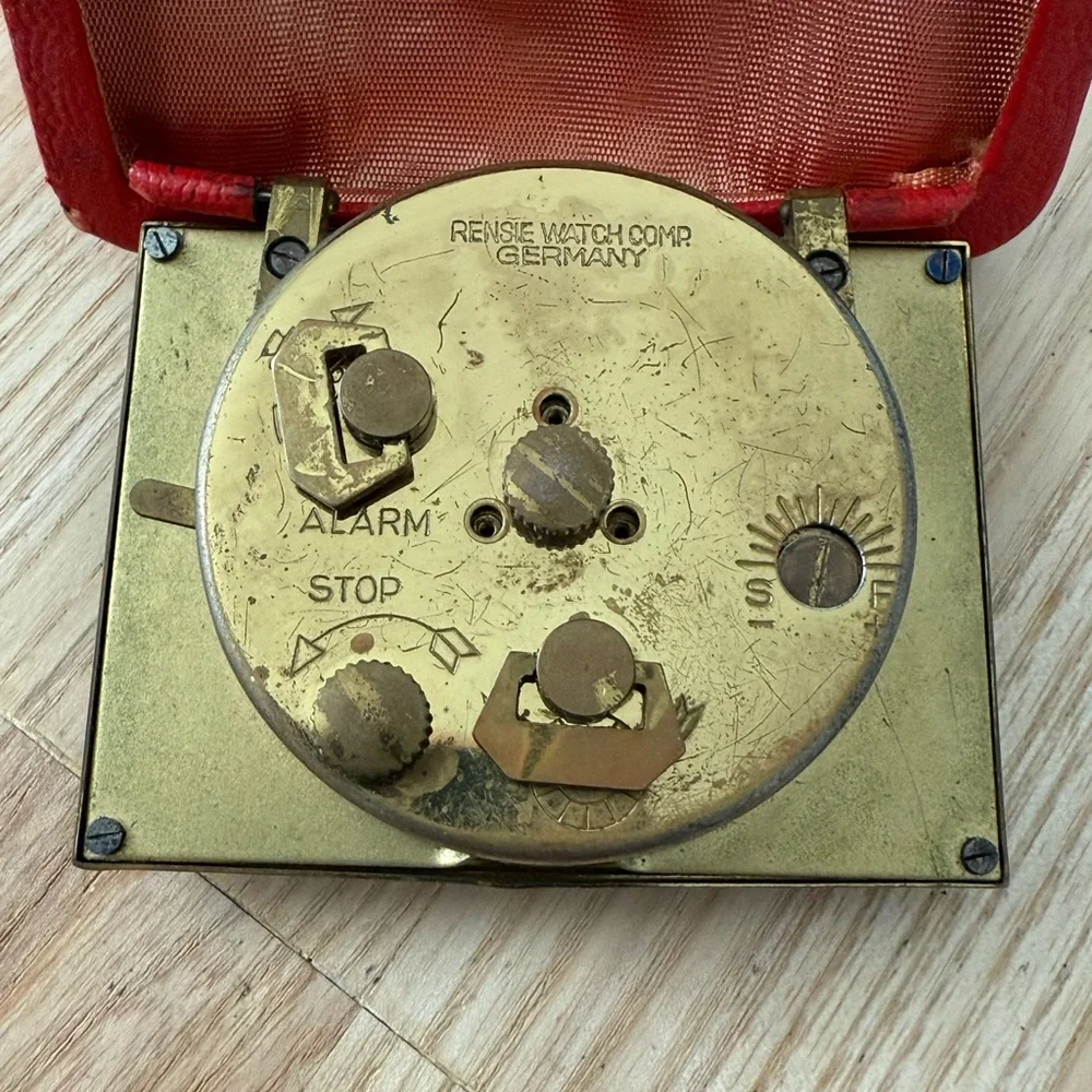Rensie Travel Alarm Clark Rare Vintage Seven Jewels White Dial Red Leather Case